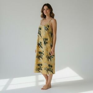 RIMA Beachworld Tropical Slip Dress Womens XXL Yellow Palm Tree Lettuce Hem Boho
